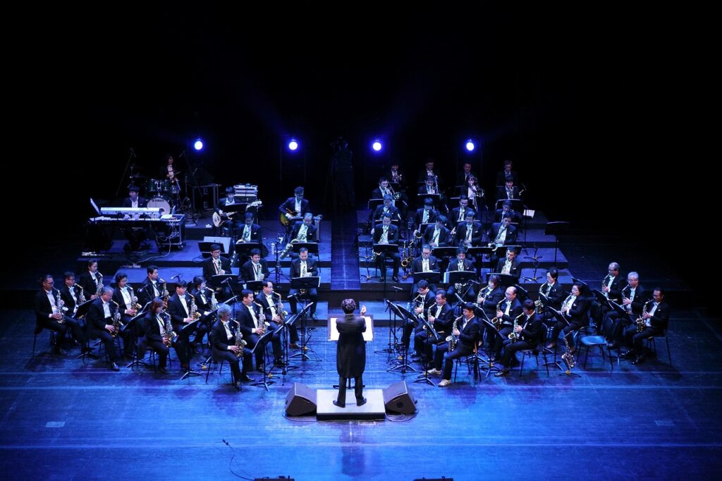 ensemble, music, played, saxophone, big band, orchestra comma separated, ensemble, ensemble, music, saxophone, saxophone, saxophone, saxophone, saxophone, big band, big band