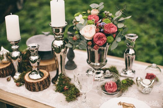 Beautiful outdoor table setting with candles and floral arrangement, perfect for weddings or romantic dinners.